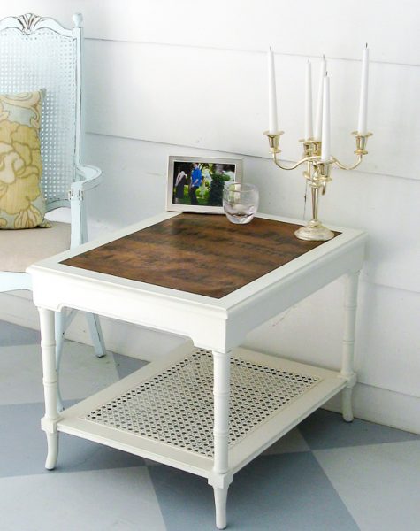 vintage bamboo end table makeover with wood top and sheet music.