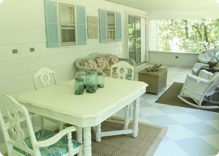 blue and white painted screened porch