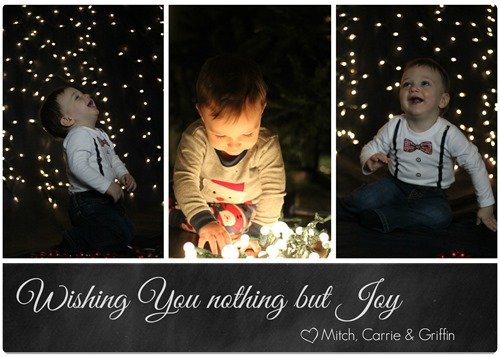 photo Christmas card with three photos of toddler at Christmas.