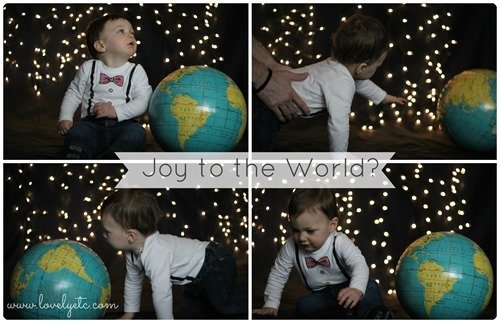 Toddler Christmas Pictures outtakes with toddler chasing globe.