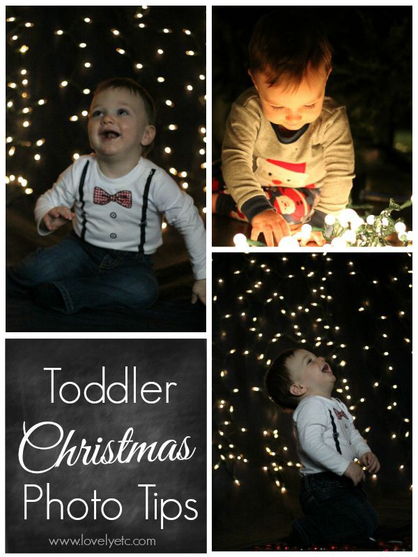 collage of Christmas photos of toddler with christmas lights