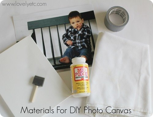 DIY photo canvas materials - canvas, foam brush, photo, canvas fabric, mod podge, duct tape