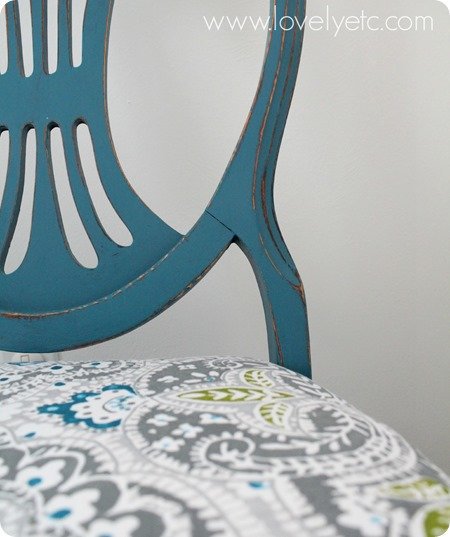 Details of painted, reupholstered chair