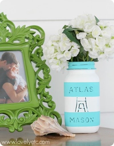 Aqua and white painted, striped mason jar