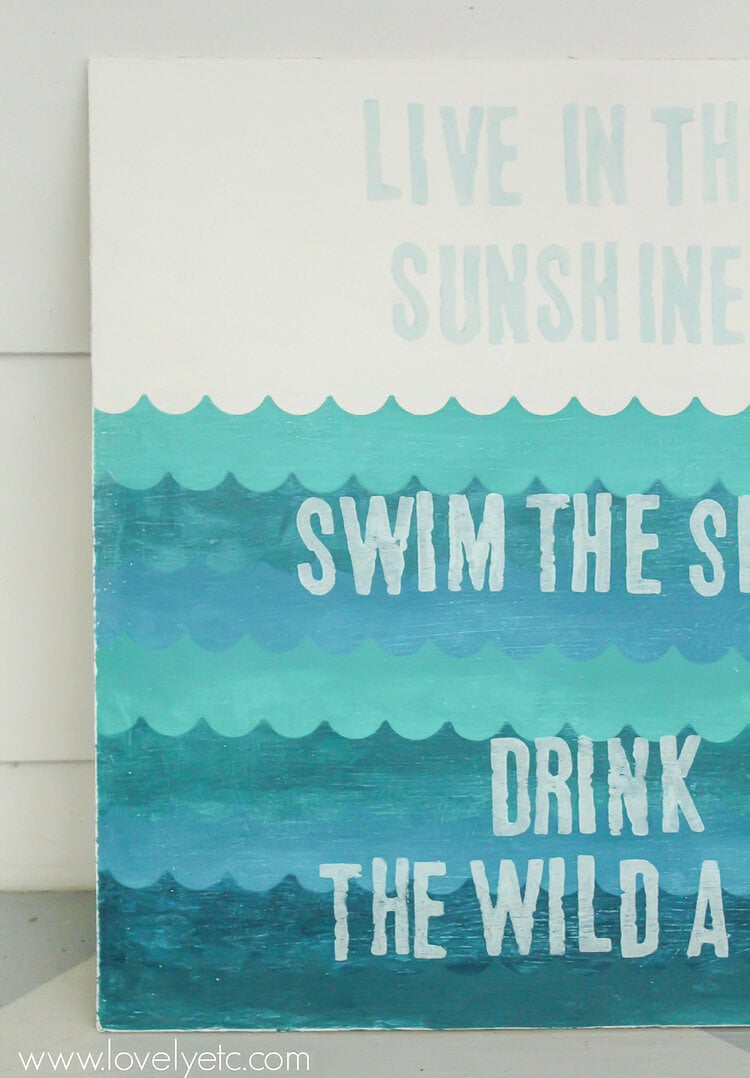 close up of sign with hand painted waves.