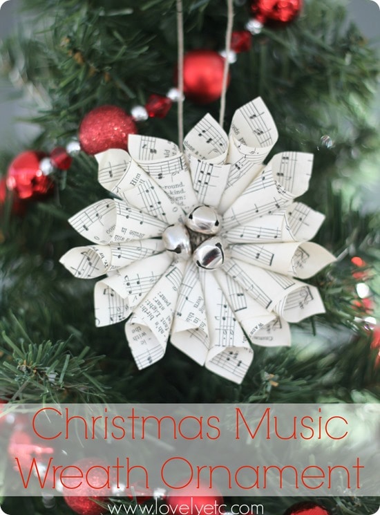 Christmas music wreath ornament on Christmas tree.