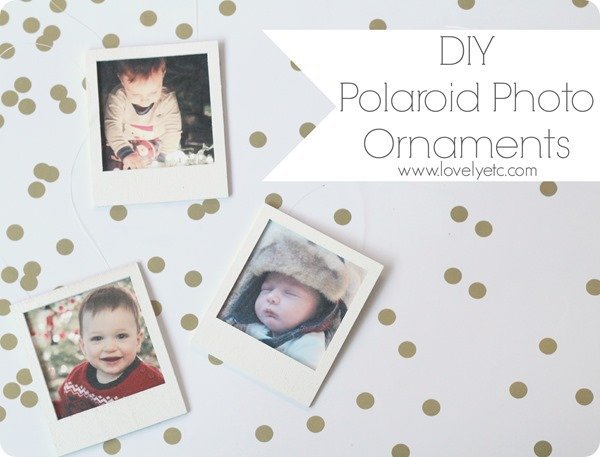 DIY polaroid photo ornaments against a gold confetti background.