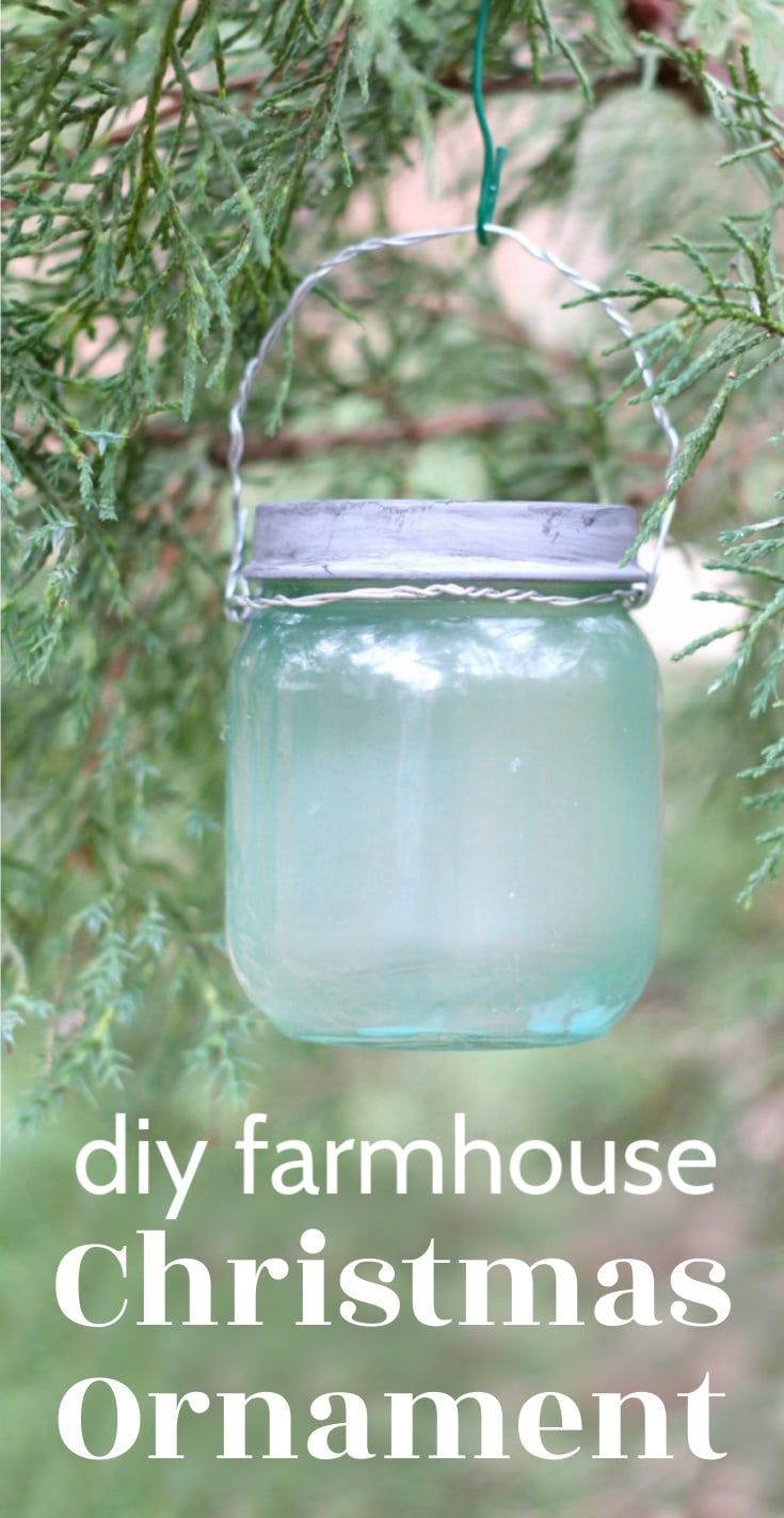 mini mason jar Christmas ornament hanging on tree.