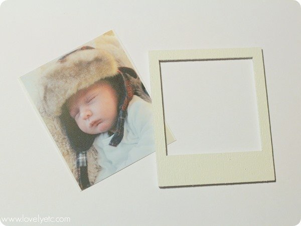 polaroid wood shape next to cut out photo.