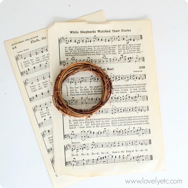 Christmas music pages and mini wreath to make DIY music ornament.