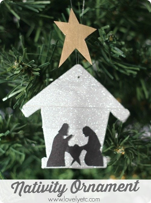 easy DIY nativity Christmas ornament hanging on Christmas tree.