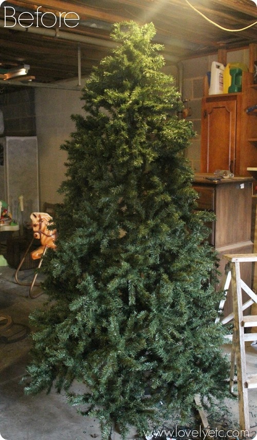 Learn How to Flock any Christmas tree and turn your boring old Christmas tree into a snowy wonder! DIY flocked Christmas tree before adding the flocking