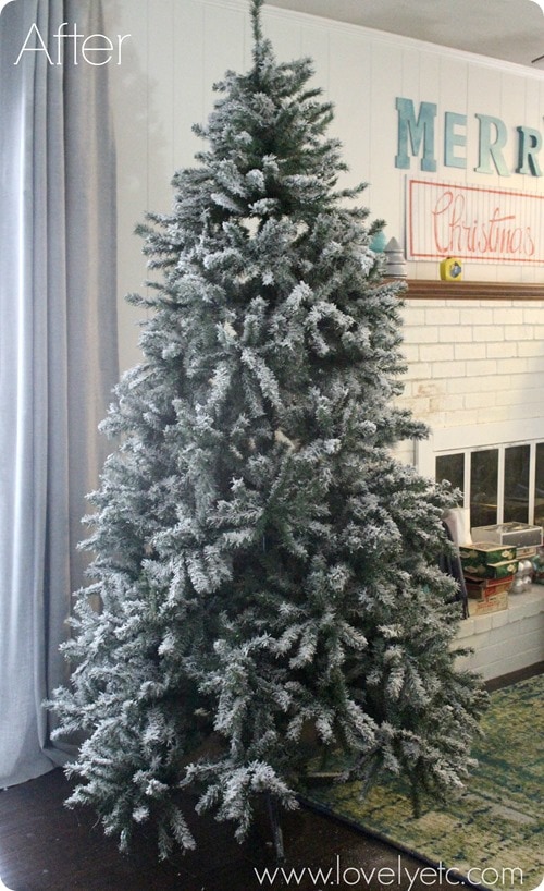 You can turn any Christmas tree into a gorgeous snowy flocked Christmas tree. Instructions on how to flock your own Christmas tree. DIY flocked Christmas tree after flocking