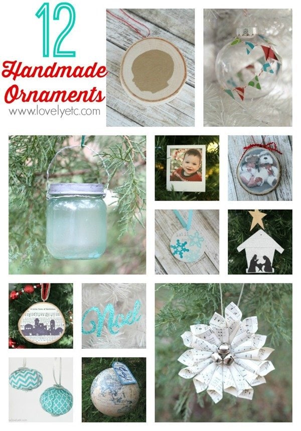 collage of handmade Christmas ornaments in neutral shades of black, white, and blue.