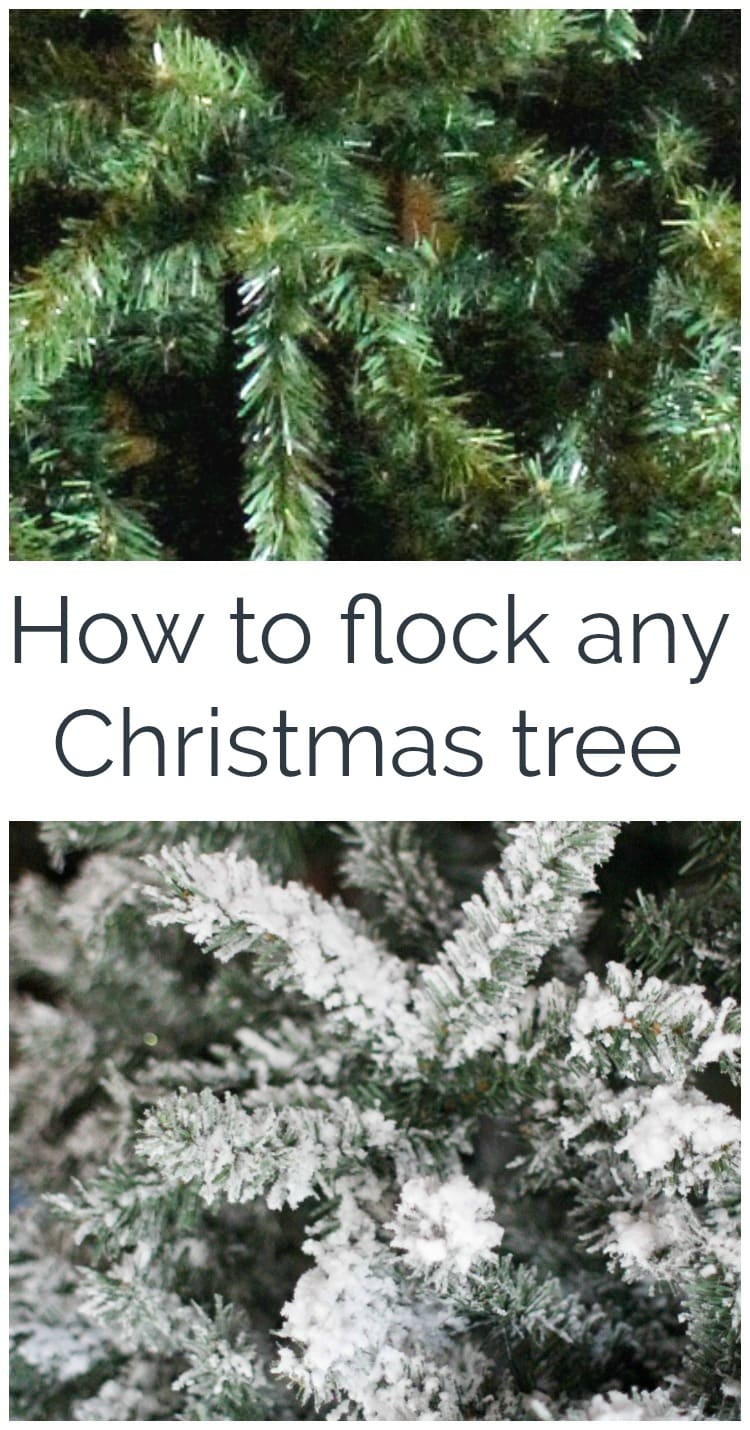 You can turn any Christmas tree into a gorgeous snowy DIY flocked Christmas tree. Instructions on how to create your own DIY flocked Christmas tree. closeup of Christmas tree before and after adding flocking with text - How to flock any Christmas tree.