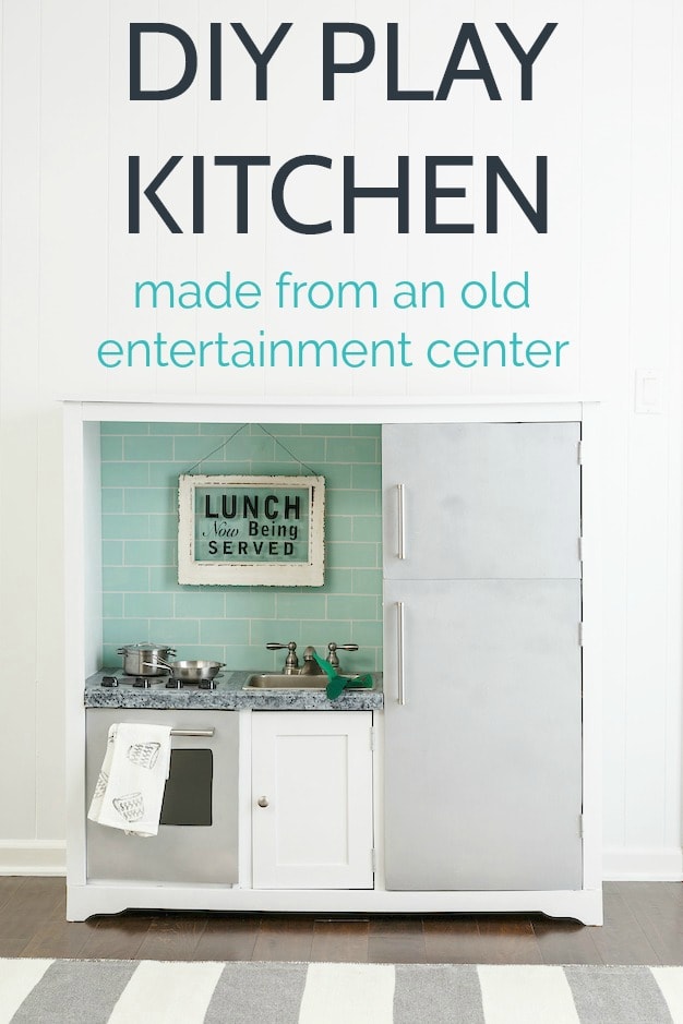 This inexpensive DIY play kitchen is made from an old entertainment center. Lots of fun details make it look like a real, miniature kitchen including a real faucet, a painted faux tile backsplash, and painted stainless steel appliances. 