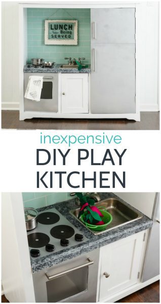 How to make an inexpensive diy play kitchen from an old entertainment center.