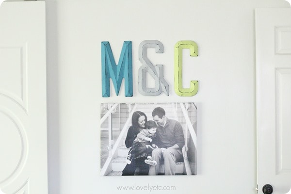 DIY wrapped photo canvas with painted initials