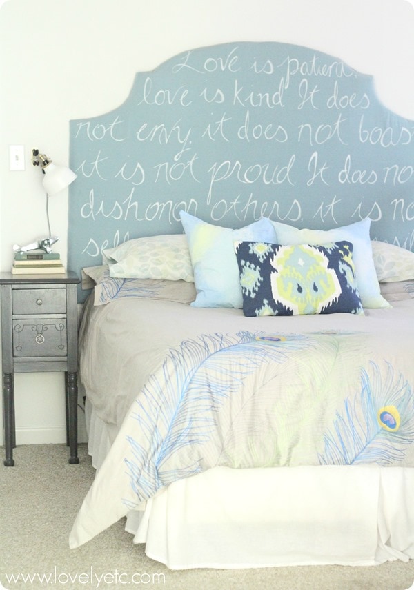 DIY upholstered headboard with colorful bedding