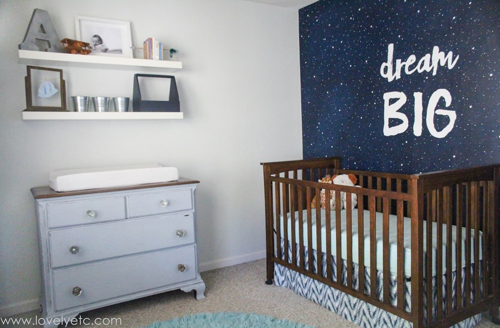 navy blue crib and dresser