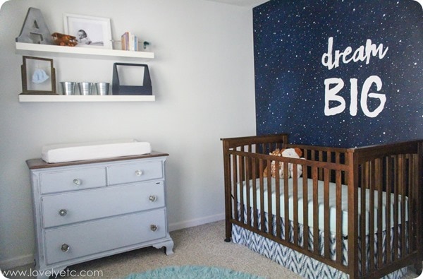 gray and navy nursery with starry night mural