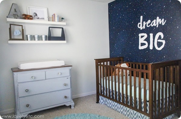 This night sky mural makes such a gorgeous focal wall in the nursery. It cost less than ten dollars to make and with this detailed tutorial, anyone can do it! dream big mural nursery
