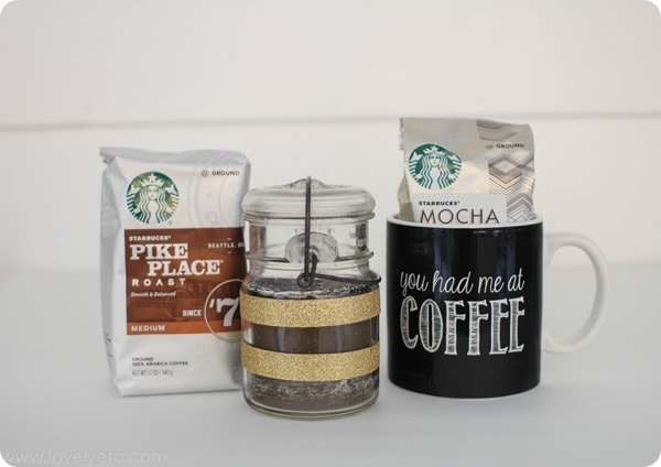 coffee lovers gift with diy peppermint coffee candle, coffee cup, and coffee.