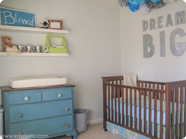 aqua, gray, and lime nursery