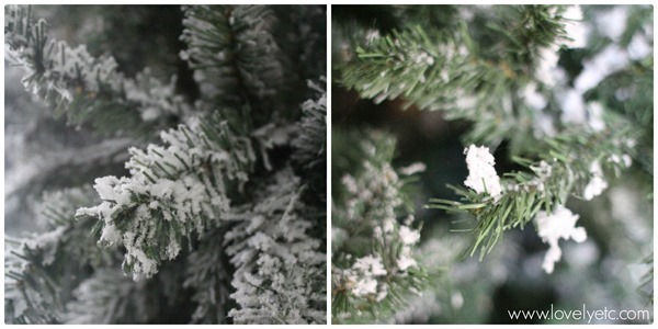 close up of diy flocked tree immediately after flocking and one year later.