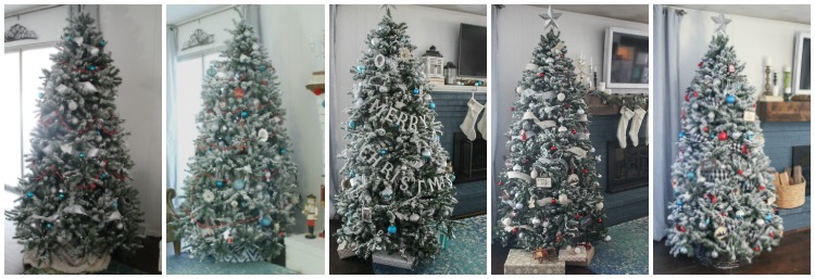 Photos of our DIY flocked Christmas tree over the past five years.