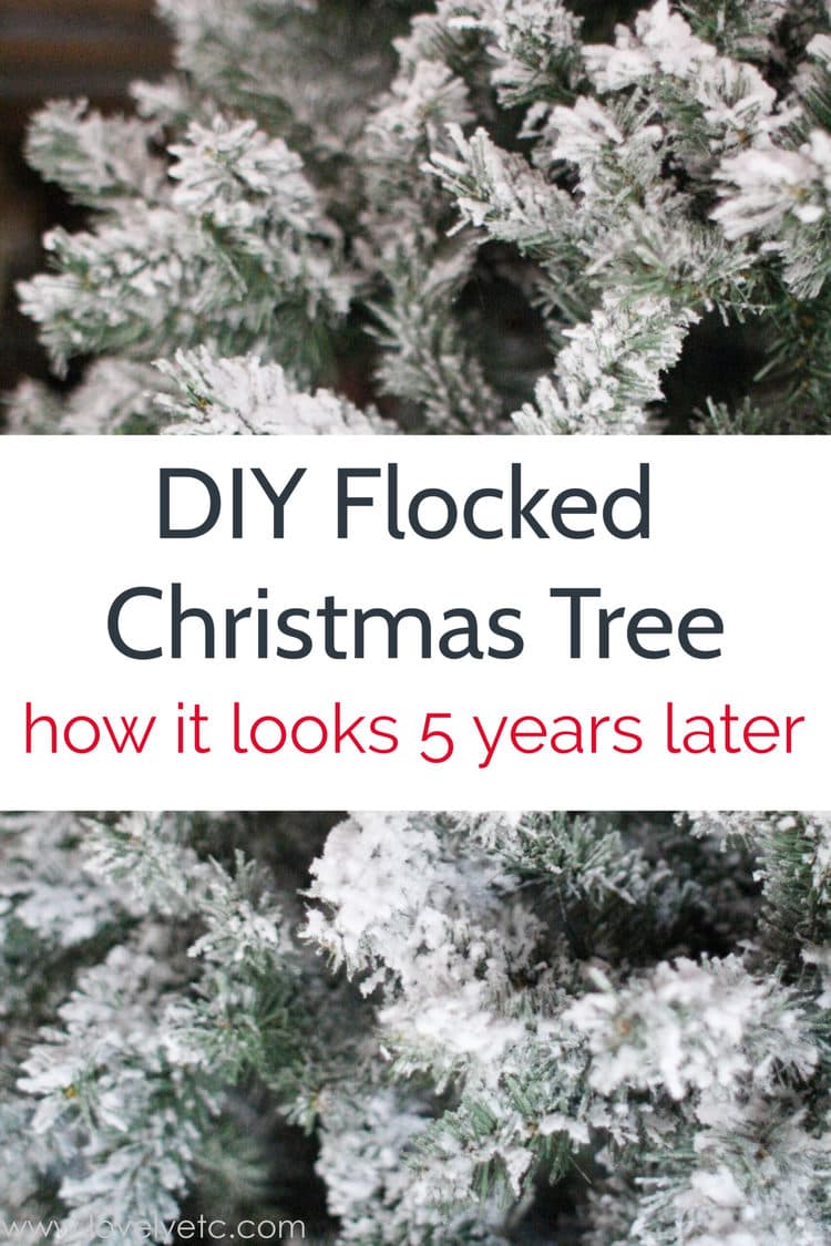 close up of diy flocked Christmas tree after five years