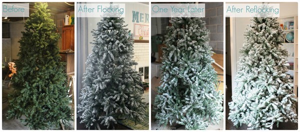 DIY flocked Christmas tree before flocking, after flocking, one year later, and after adding more flocking.