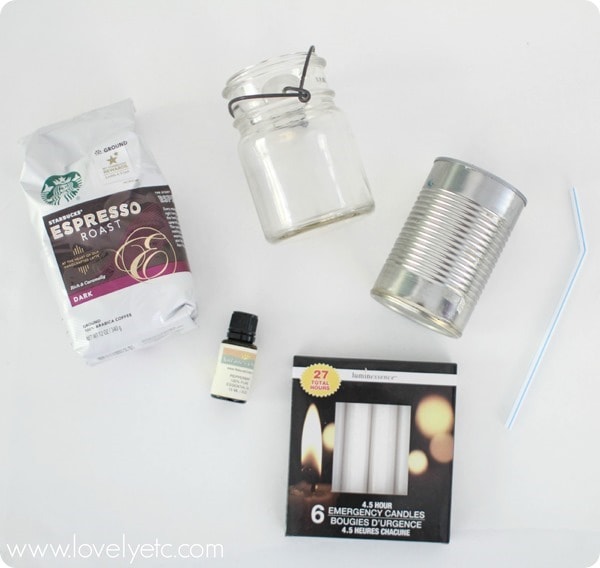 materials for coffee candle - coffee, peppermint oil, can, straw, jar, emergency candles.