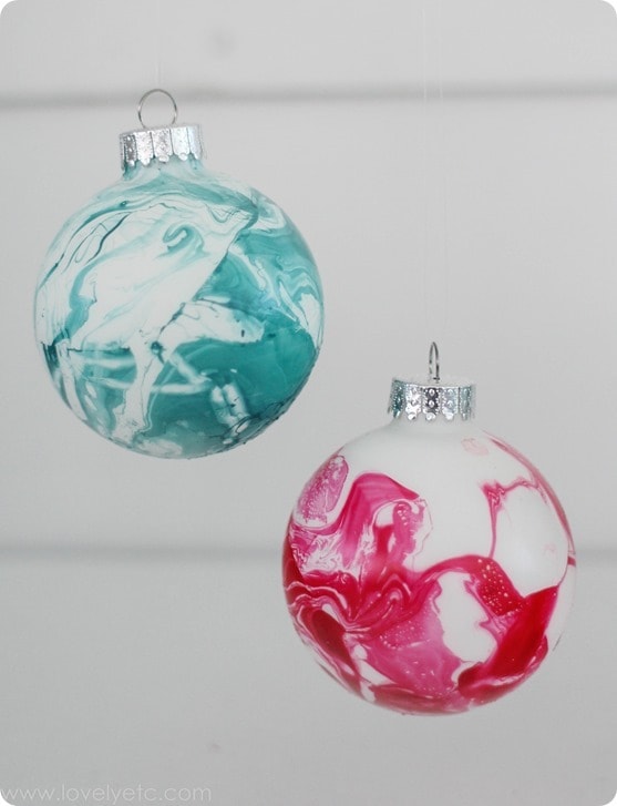 marbled Christmas ornaments in teal and red.