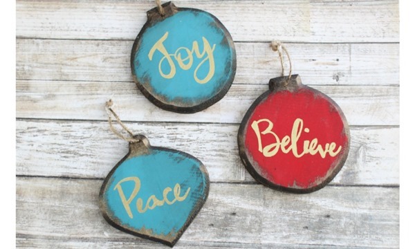 rustic glam christmas ornaments that say Joy, Believe, and Peace.