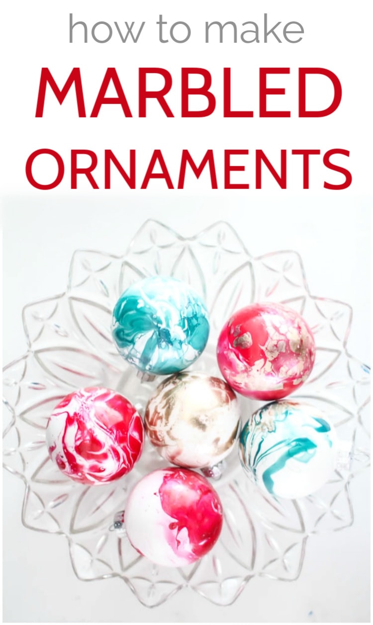 marbled ornaments made with nail polish.