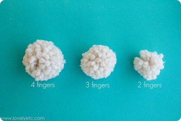 making different size pom poms using different amounts of fingers