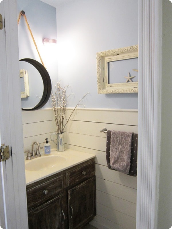 budget bathroom makeover with lilac walls