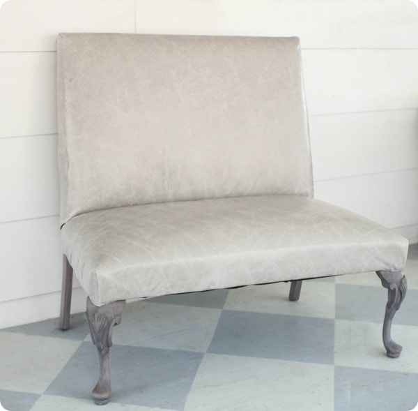 bench seat reupholstered in gray leather