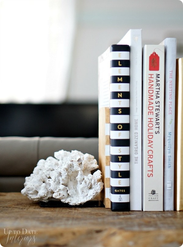 coral bookend on shelf with books
