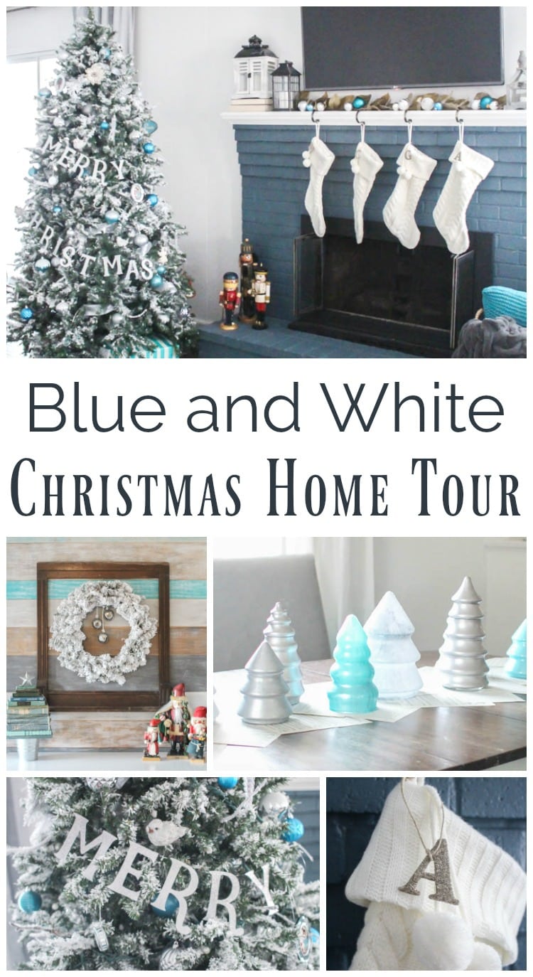 Collage of blue and white Christmas decor.