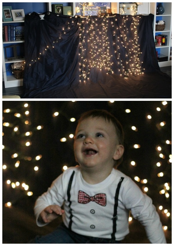 DIY Christmas lights photo backdrop.