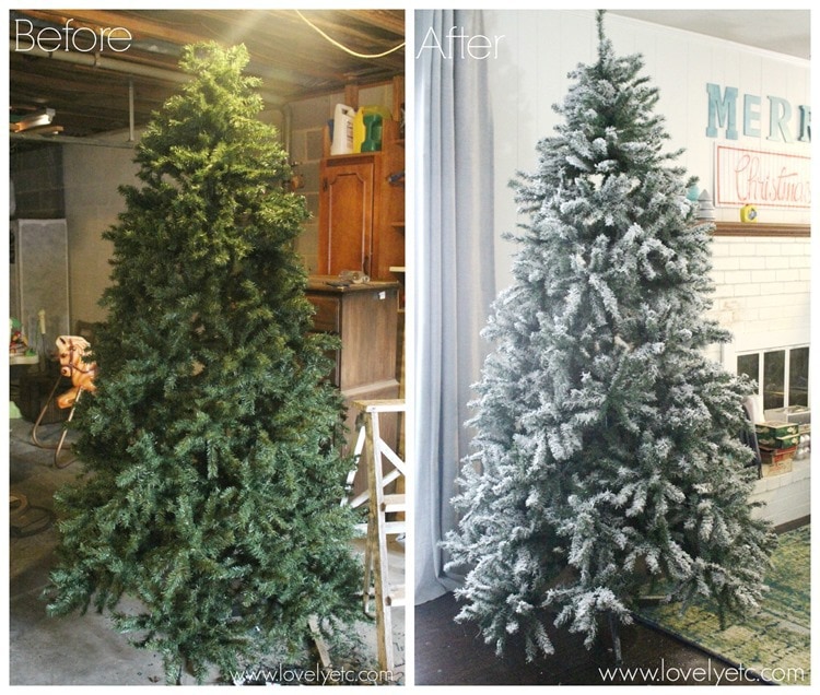 diy flocked Christmas tree before and after.