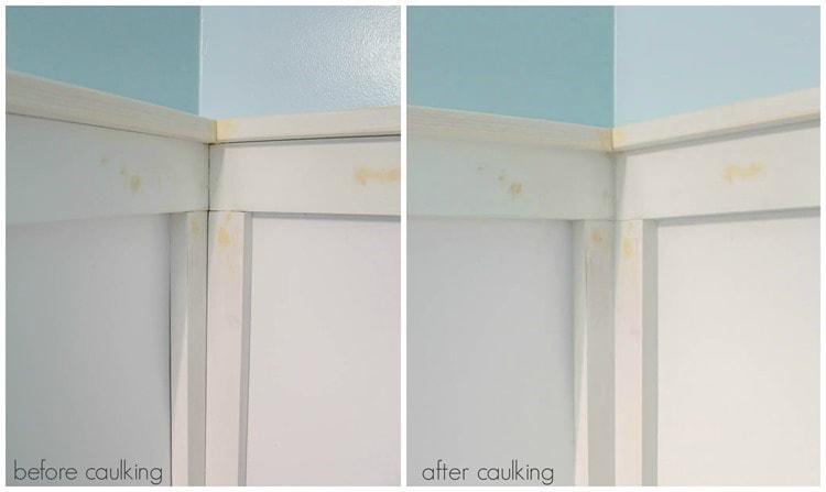 board and batten wall before caulking and after caulking.