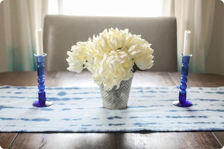 simple centerpiece with shibori table runner