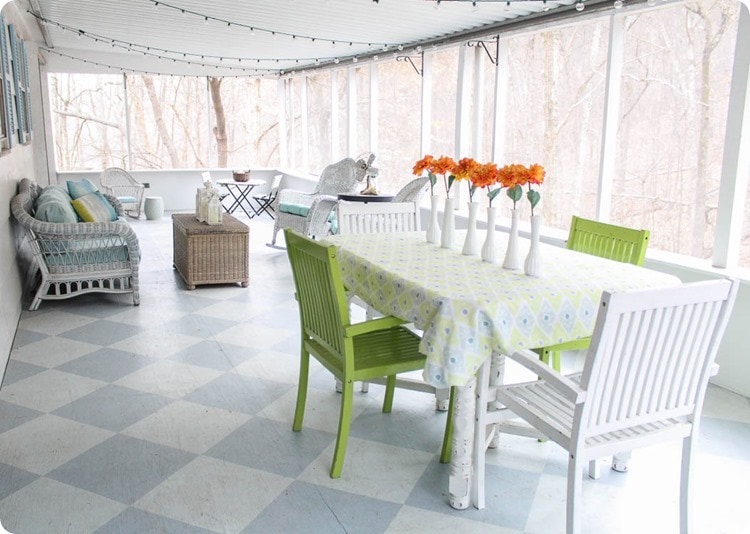 table and seating area on porch