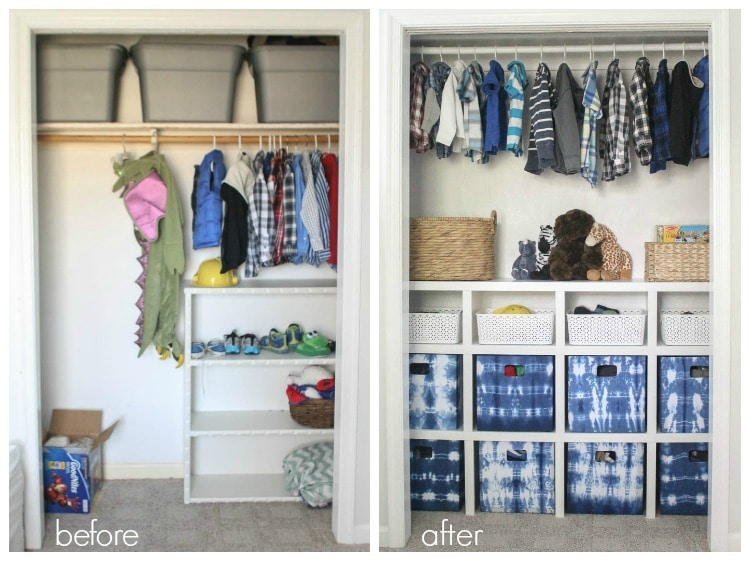 kids closet before and after adding diy shelves.