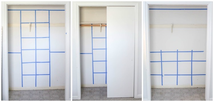 Planning where to hang DIY closet shelves by taping designs with painter's tape.
