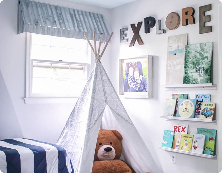 boys room with rustic window awnings, play tee pee, book ledges