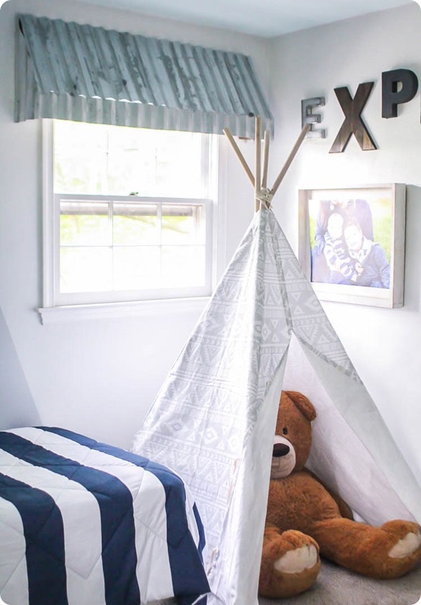 modern farmhouse kids room with rustic window awnings